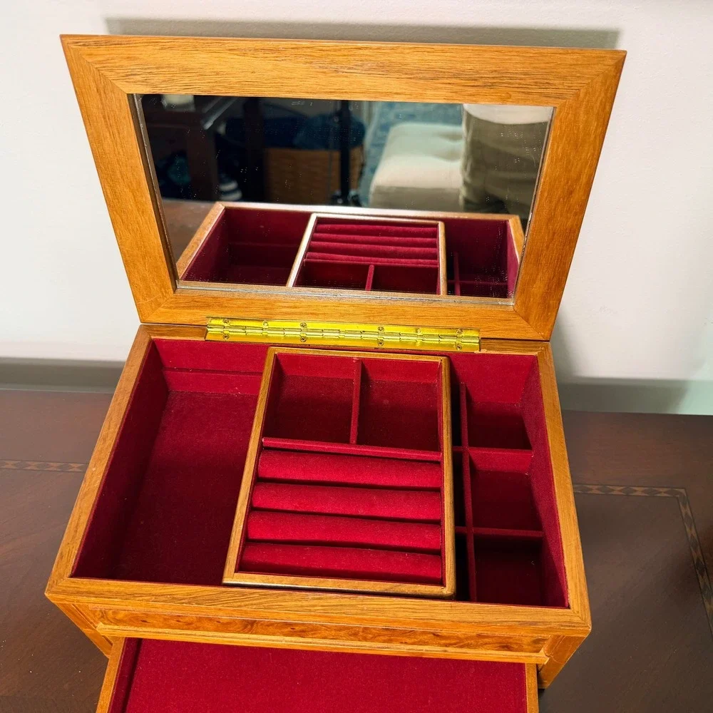 Vintage Burl Wood Jewelry Box Mirror Top Drawer Velvet Lined Trinket Organizer